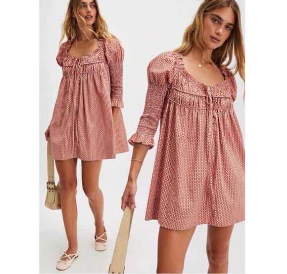 Free People Dresses & Skirts - Free People Mini Dress Red Star Dip Smocked Allover Print Loose A Line Large